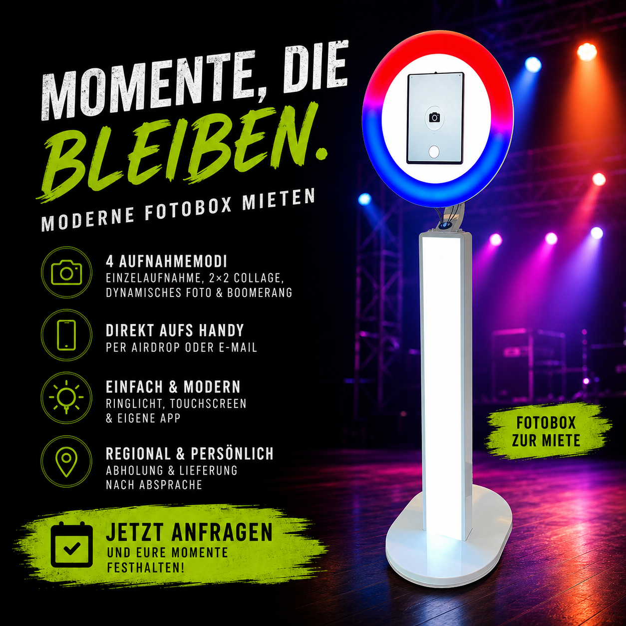 Moderne beleuchtete Fotobox mit Ringlicht